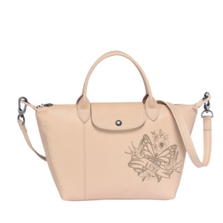 全新Longchamp Le Pliage Cuir 系列限量小羊皮斜揹包粉膚色
