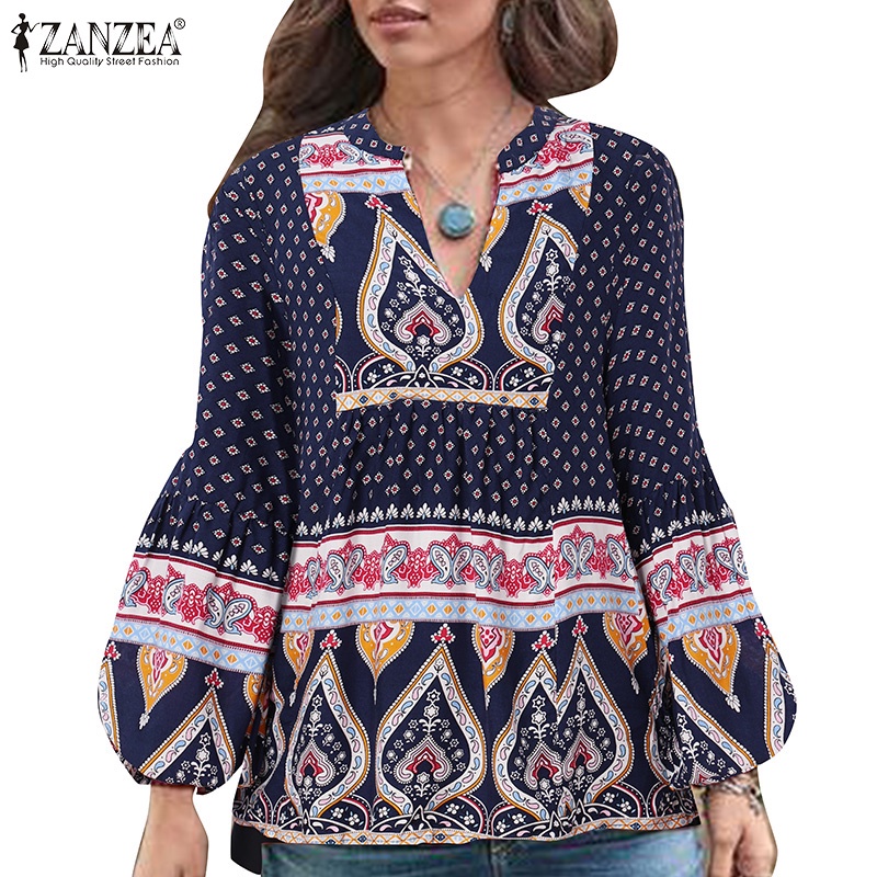 ZANZEA 女式複古花卉印花 V 領寬鬆泡泡袖彈力袖口襯衫