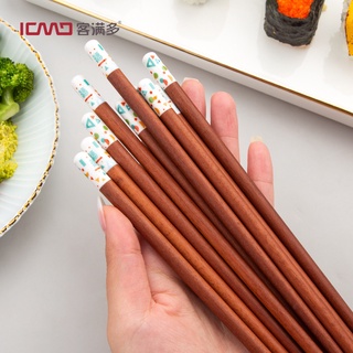 客滿多家用紅檀木筷子10雙套裝 實木個性創意陶瓷頭日式餐具筷子