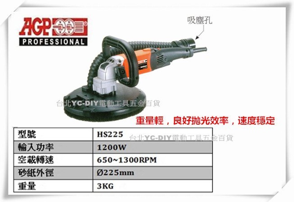 【台北益昌】台製品牌 AGP HS225 9"迷你磨牆機 9"石牆砂磨機