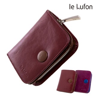 【le Lufon】簡約時尚油蠟皮紅棕鮮明拼色感雙層設計實用中皮夾/零錢包/卡夾