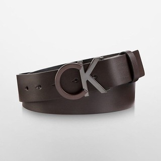 美國百分百【Calvin Klein】CK 真皮 皮帶 腰帶 大logo 咖啡色 H393
