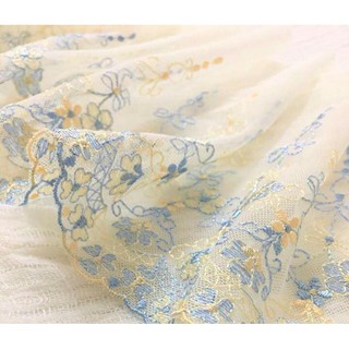 精緻刺繡蕾絲 米黃底黃藍宮廷花 DIY 手作 髮飾 娃娃禮服 蒂芬妮藍