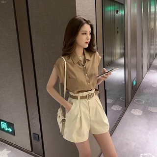休閒女生兩件式襯裙正韓套裝ins夏天衣服輕熟風套裝女夏季新款坎肩襯衫上衣+休閑短褲子時尚兩件套