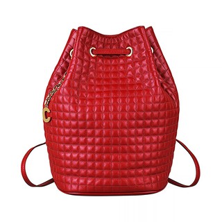CELINE C Charms金屬LOGO壓印格紋設計小牛皮束口後揹包(紅)
