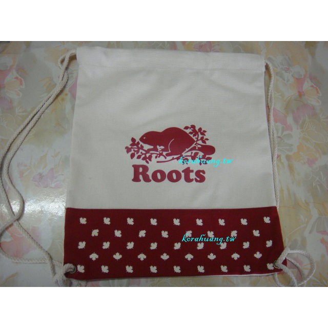 Roots 抽繩 帆布 後背包 LOGO背包 楓葉 米+紅配色