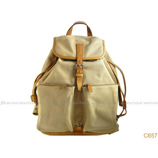 金鐸精品~C657 PRADA 駝色帆布皮革包邊束帶後揹包