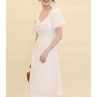 現貨（白XL❣️【桔束🍊】3色❤️S-XL 領口扭結設計感澎袖洋裝 禮服 婚禮喜酒洋裝 伴娘禮服 宴會派對洋裝