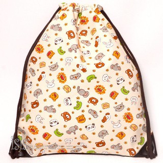 KURO-SHOP台灣製造 米黃色 多動物可愛圖案 帆布材質 束口包 後背包