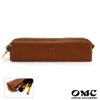 【OMC】義大利植鞣革長筒型拉鍊文具刷具收納袋(棕色)