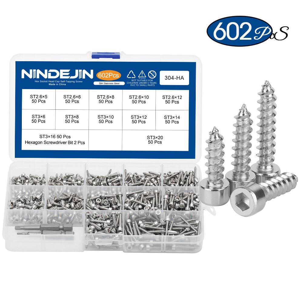 NINDEJIN 372PCS/602PCS圓柱頭內六角自攻螺絲套裝304不銹鋼杯頭盒裝螺絲螺釘螺栓