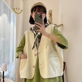 自製米和由杏色日系工裝馬甲女復古學生寬鬆疊穿外搭小背心短款夏