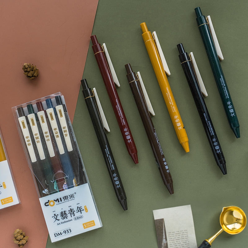 禮藝文具店 創意文藝青年中性筆0 5mm復古色學生筆筆夾式5只組合套裝彩色替芯 蝦皮購物