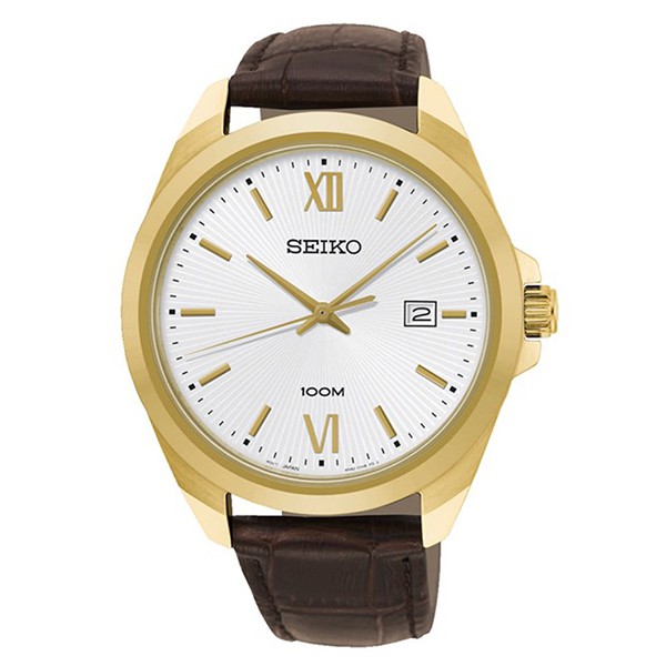 【SEIKO精工】SUR284P1 羅馬字 日期顯示 皮革錶帶男錶 42mm 金/棕 6N42-00H 台南 時代鐘錶
