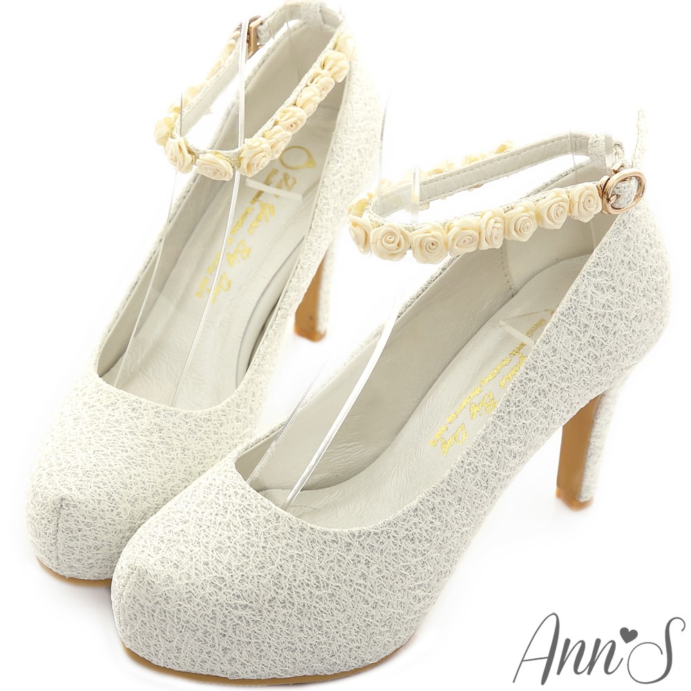Ann’S Bridal幸福婚鞋細膩玫瑰繫帶厚底跟鞋-白