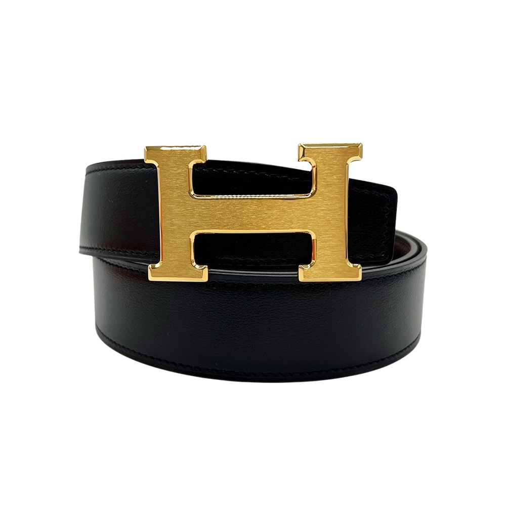 Hermes 霧面金H logo雙面用腰帶/皮帶(黑/咖)