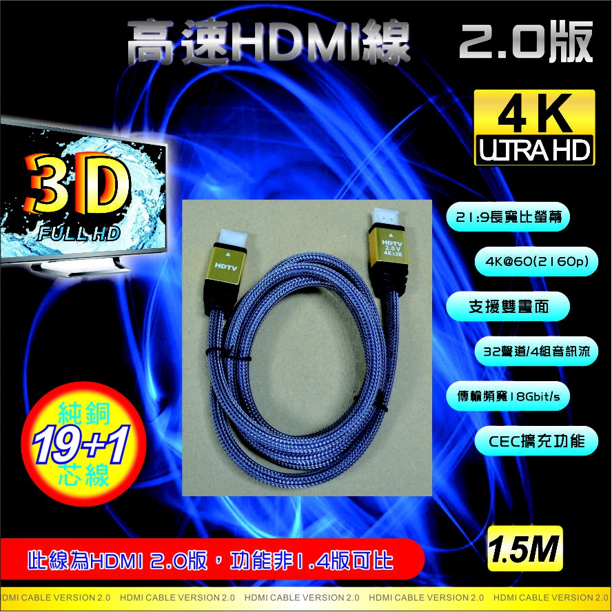 裸線1.5米 2.0版 編織 HDMI 高速傳輸線 3D 4K超高解析度 音視頻同步 尼龍編織抗磨損