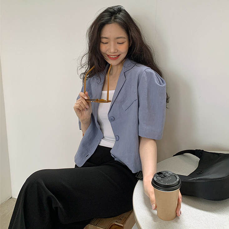 42697 韓版棉麻短款小開衫 西裝領泡泡袖短外套襯衫