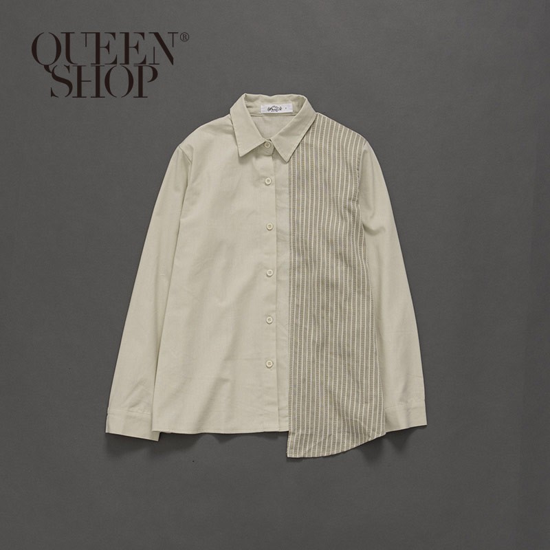 QUEENSHOP【01023213】女裝 不對稱下擺條紋拼接襯衫 S/M＊現+預＊