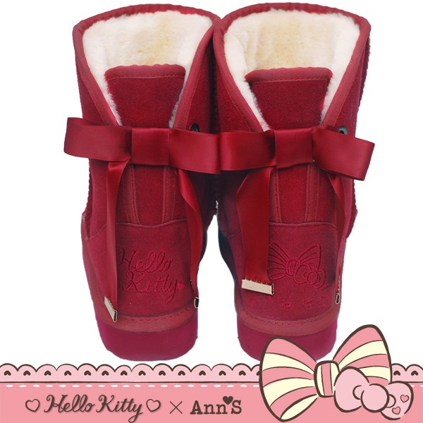 HELLO KITTY X Ann'S皇家緞帶刺繡真皮雪靴禮盒-酒紅