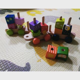 Hape 木頭小火車積木組 二手近新 買大送小
