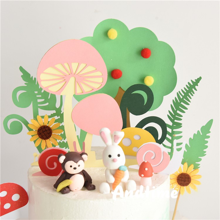 森林青草蘑菇蝸牛蘋果樹小動物插牌卡通兒童生日插件烘焙蛋糕裝飾