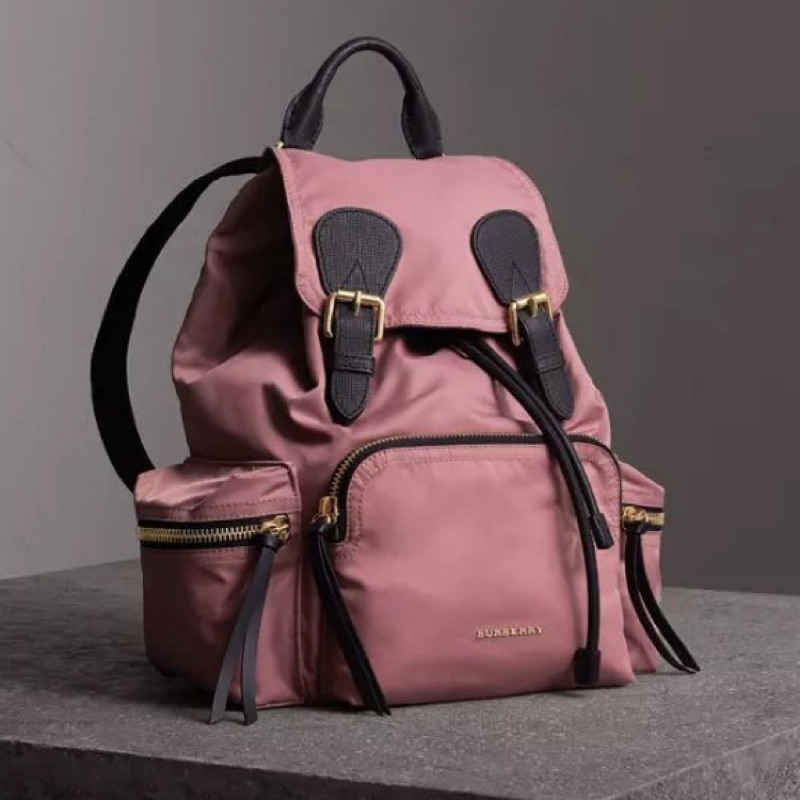 Burberry Rucksack 科技尼龍拼皮革中型軍旅背包 後背包 粉色 正品