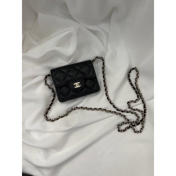 台灣現貨💰65300 香奈兒 Chanel 黑色荔枝皮鏈條風琴卡包