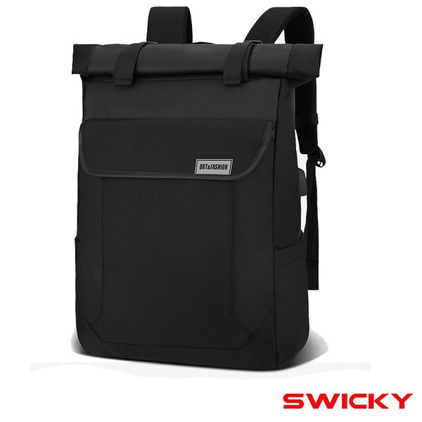 SWICKY-都市潮流防潑水捲蓋雙肩後背包(黑) 商務包/休閒包