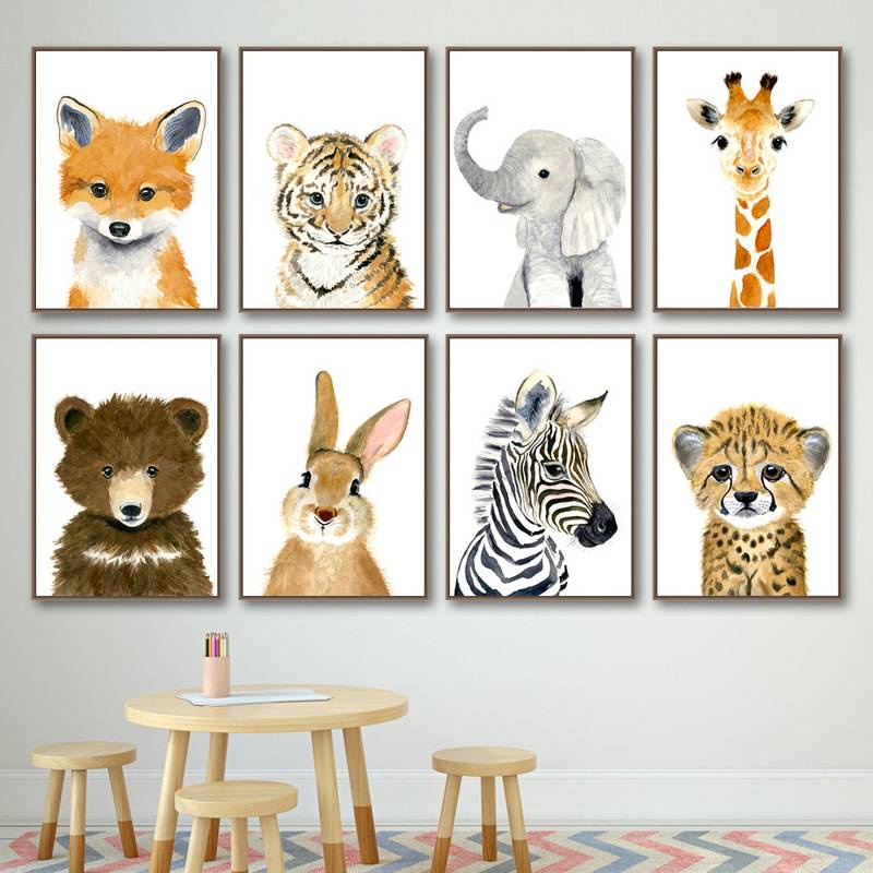 (帶框)卡通動物虎狗寵物帆布畫中性托兒所裝飾教育海報牆畫嬰兒兒童房裝飾