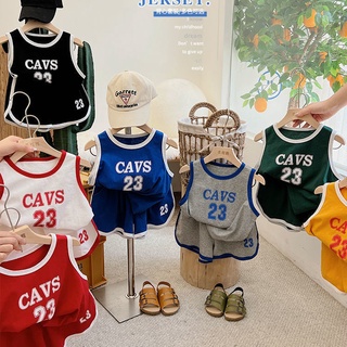 熱銷新款日韓2022夏季韓版男女兒童字母運動套裝寶寶無袖t恤+短褲籃球服兩件套