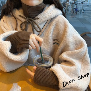 【DIFF】韓版寬鬆BF風毛茸茸連帽大學t 長袖上衣 長袖t恤 女裝 衣服 冬天女裝 保暖上衣 毛毛上衣 【W161】
