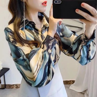 法式優雅氣質上衣 2021秋季新款設計感印花襯衫 女長袖洋氣雪紡襯衫 韓版百搭襯衫 寬鬆顯瘦打底衫