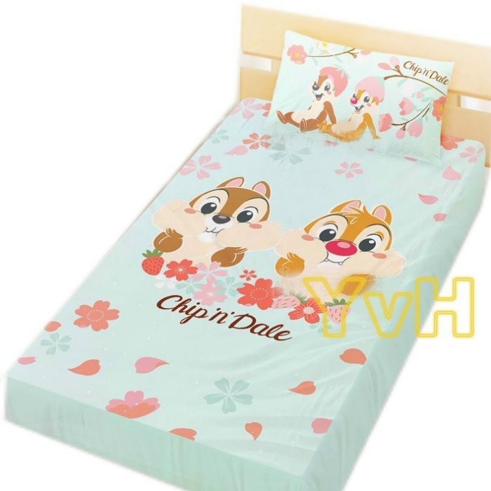 =YvH=單人床包枕套組 臺灣製造 迪士尼正版授權 奇奇蒂蒂 櫻花季 蒂芬妮綠色 花栗鼠
