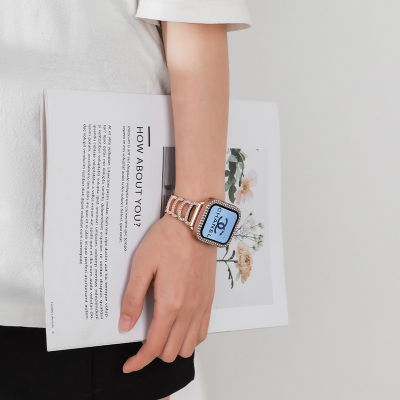 鏤空鑲鑽金屬錶帶 適用 Apple Watch 9 8 7 6 5 4 SE C字鑽錶帶 不鏽鋼錶帶 45mm 44mm