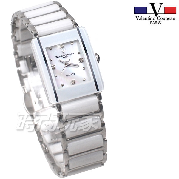 valentino coupeau范倫鐵諾 V61193白陶小 時刻 鑲鑽 方形女錶 防水手錶 不銹鋼 陶瓷錶【時間玩家