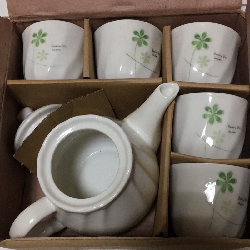 美濃窯特白五件組茶杯、玻璃杯100cc綠花精緻，花茶組，泡茶組，下午茶瓷器組