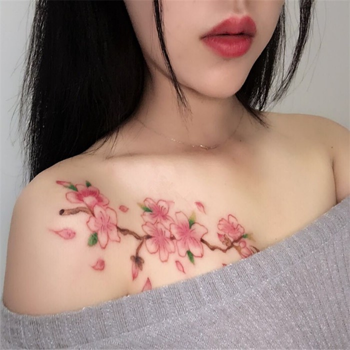 原創紋身貼紙防水女持久性感胸口櫻花鎖骨網紅花藤刺青梅花圖案仙 蝦皮購物