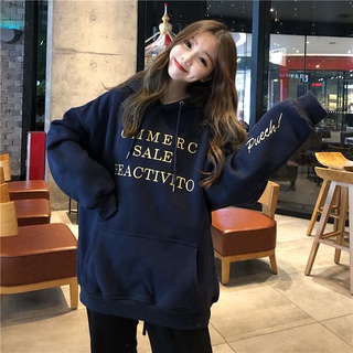 秋冬韓版寬鬆字母連帽加絨衛衣 加絨帽T T恤女 大學T 大學T 女生衣著 上衣 長袖 衣服 帽t 女生長袖t恤 長t