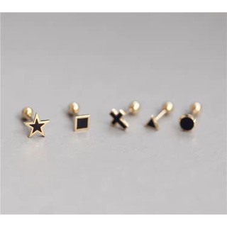 ATOWN 輕珠寶 10K黃金耳環 迷你黑麵星星十字架三角形螺絲耳釘耳骨釘耳扣