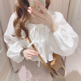 《降價｜現貨免等｜郵寄免運》a44 新款 日牌Heather 純白 蝴蝶結 綁帶 澎澎 燈籠袖 荷葉 滾邊 短版 上衣