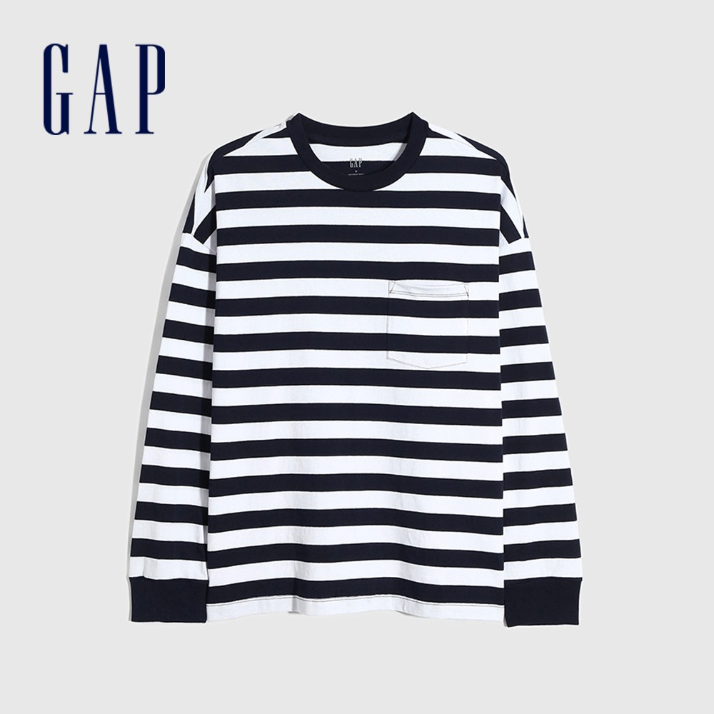Gap 男裝 長袖T恤 厚磅密織系列-海軍藍條紋(660825)