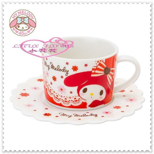 小花花日本精品♥Hello Kitty 日本製40周年 美樂蒂 咖啡杯 陶瓷杯 盤組 紅帽條紋蝴蝶11239406