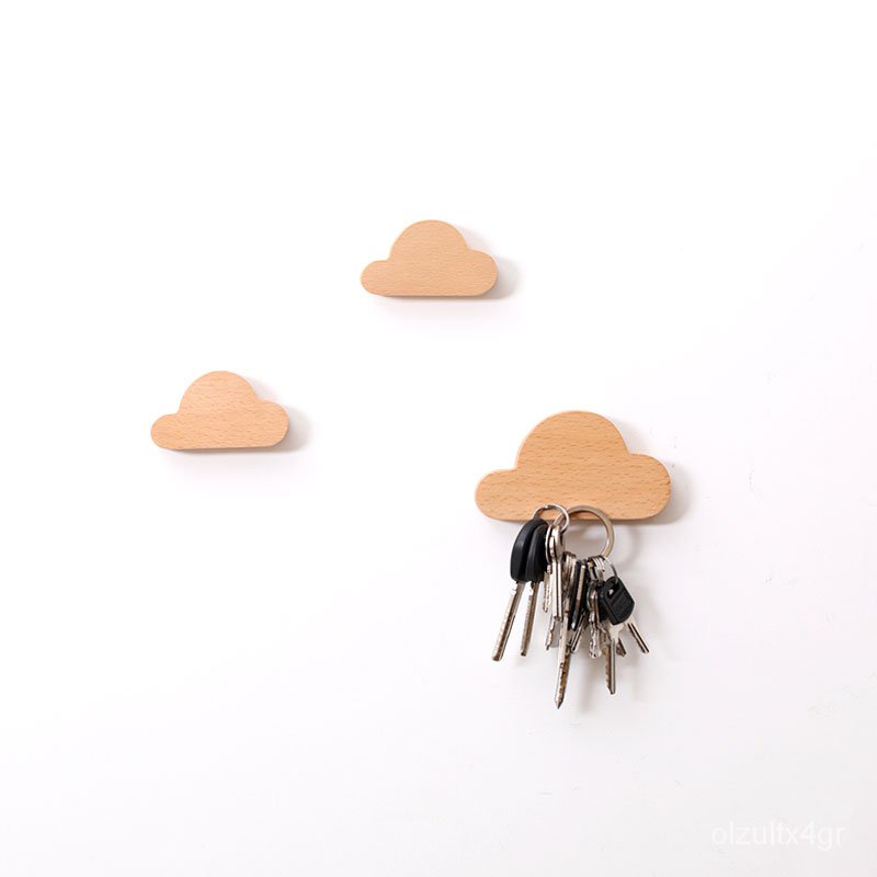 （家居收納）（收納籃）{台灣發貨}日式創意實木墻面裝飾鑰匙掛鈎雲形閃電形冰箱貼強力無痕掛鉤磁鐵 WBPE