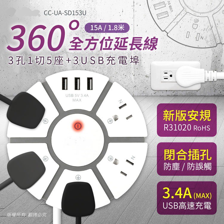 ★摩兒電腦☆SD513P 360°全方位 15A電源延長線(3孔1切5座+3USB埠)-1.8M 電腦延長線 延長插座