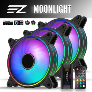 EZDIY-FAB 12cm月光型RGB機殼風扇附風扇集線器及遙控器 遙控器有3段風速控制智慧溫控靜音燈光同步-3顆裝