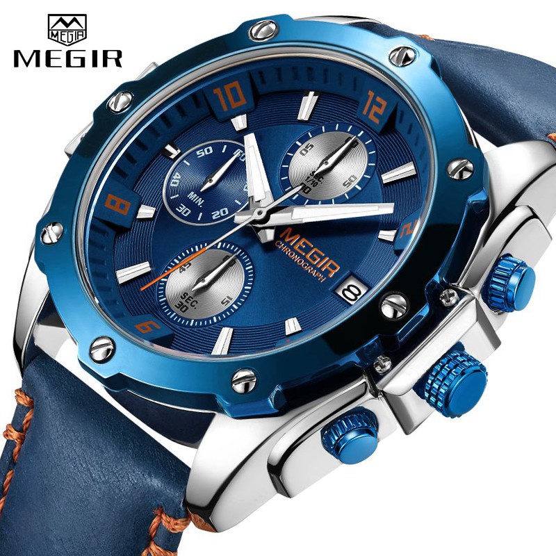 Megir 2074 男士豪華藍色手錶皮革運動手錶男士商務防水石英鐘男士軍用手錶