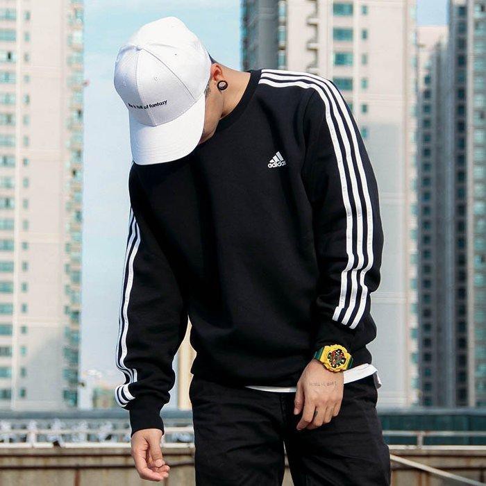 Adidas Essentials 3-Stripes 男款三線黑色棉質長袖大學T BQ9645/EI8994 | 蝦皮購物