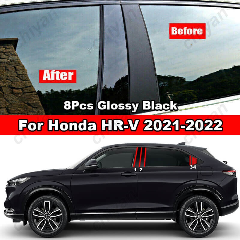 HONDA 8 件裝車窗門柱 B C BC 柱柱蓋飾條適用於本田 HRV HR-V H-RV 2021-2022 光面黑
