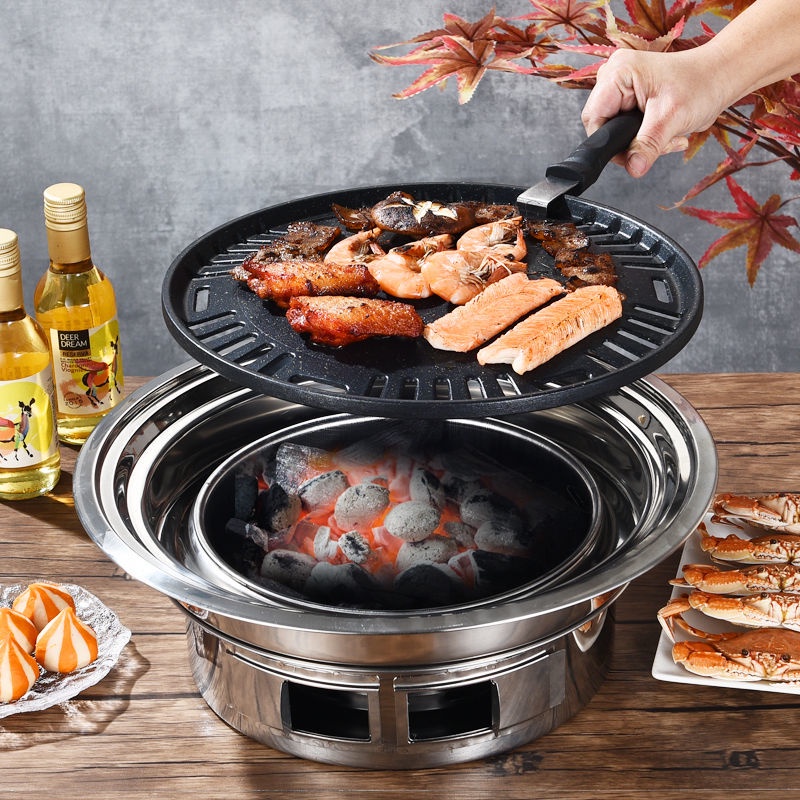 【韓式】木炭燒烤爐 商用圓形 不銹鋼烤肉爐 家用室內小型便攜 戶外 碳烤爐